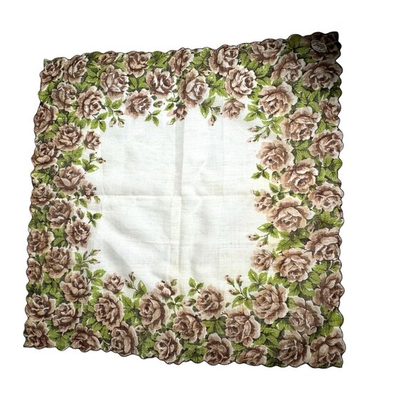 Embroidered handkerchief hankie 13 in. by 13 in. Brown and white embroidered edg - Picture 6 of 10